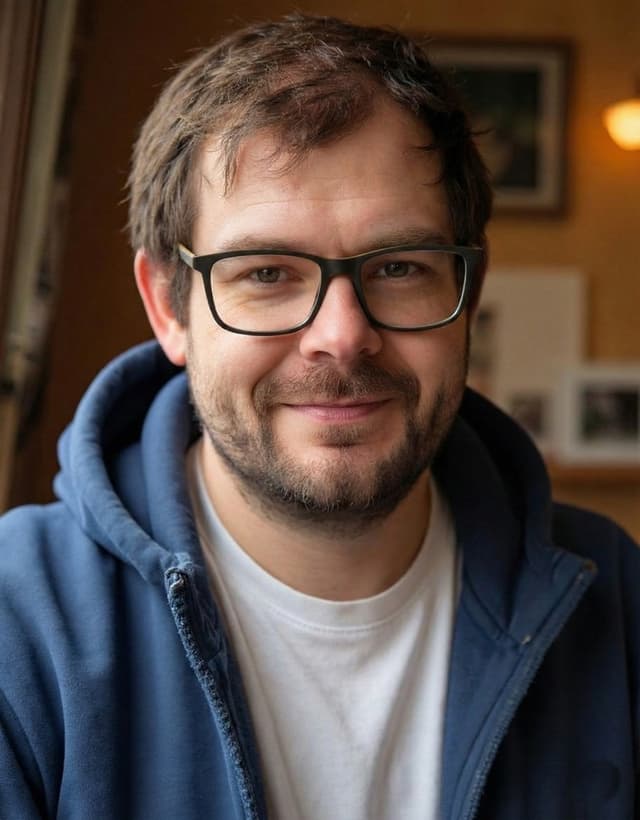 Philipp Dreis mit Bart und Brille trägt einen blauen Hoodie und blickt freundlich in die Kamera