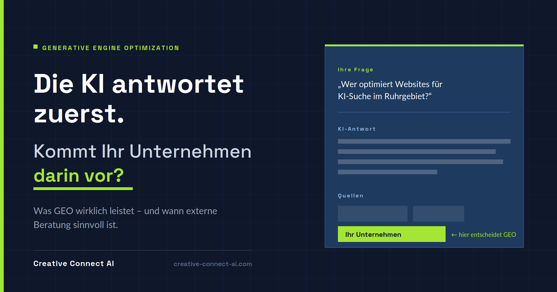 Hero-Grafik zu Generative Engine Optimization: Links die Frage, ob das eigene Unternehmen in der KI-Antwort vorkommt; rechts ein Such-Mockup, in dem die Quelle „Ihr Unternehmen“ hervorgehoben ist.
