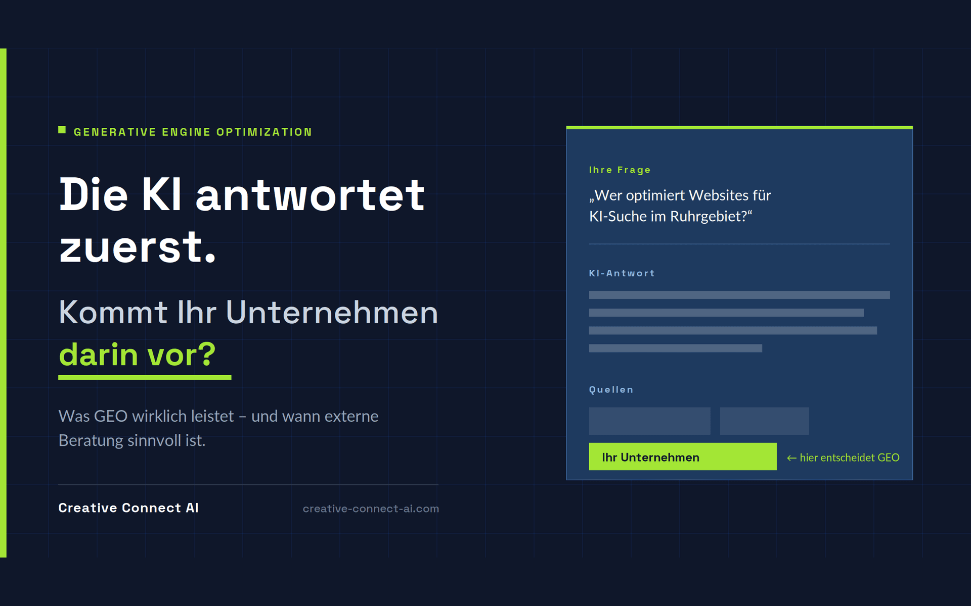 Hero-Grafik zu Generative Engine Optimization: Links die Frage, ob das eigene Unternehmen in der KI-Antwort vorkommt; rechts ein Such-Mockup, in dem die Quelle „Ihr Unternehmen“ hervorgehoben ist.