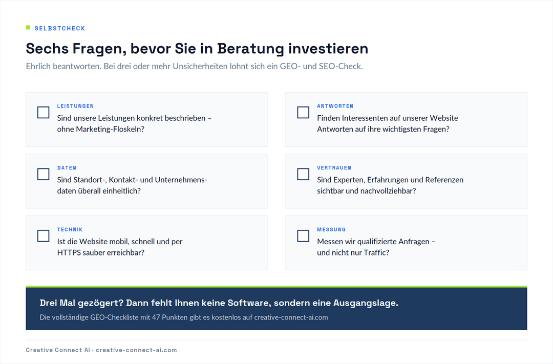 Sechs Selbstcheck-Fragen zu Leistungen, Antworten, Daten, Vertrauen, Technik und Messung, mit dem Hinweis auf die kostenlose GEO-Checkliste mit 47 Punkten.