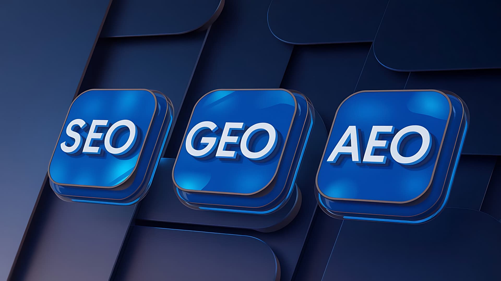 Drei blaue, abgerundete 3D-Kacheln zeigen die Schriftzüge SEO, GEO und AEO vor einem dunklen Muster