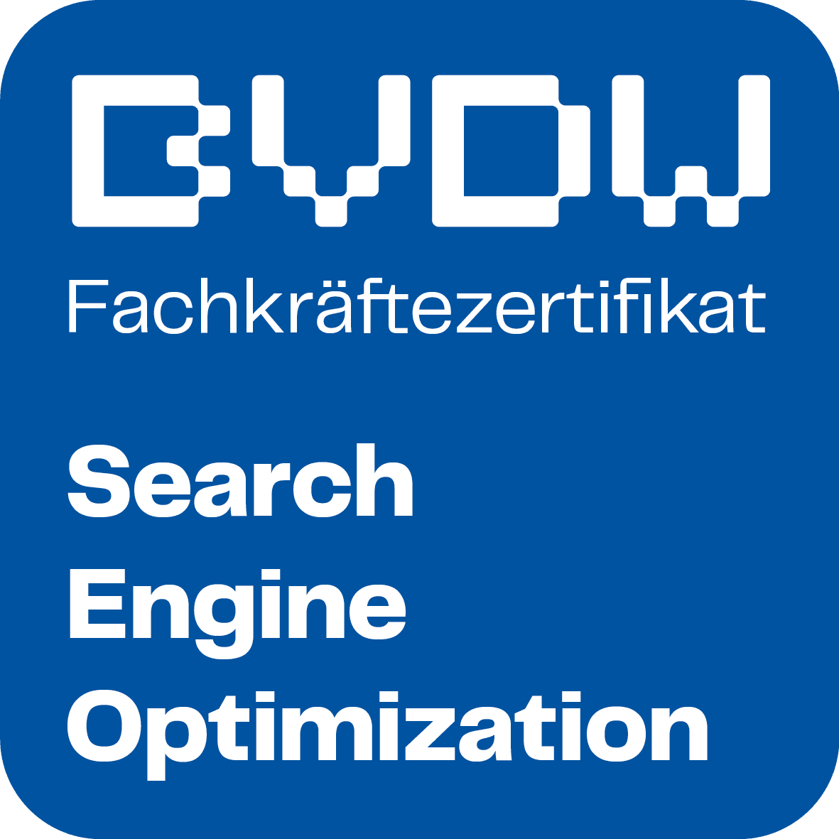 Blaues BVDW Fachkräftezertifikat mit weißer Schrift für Search Engine Optimization