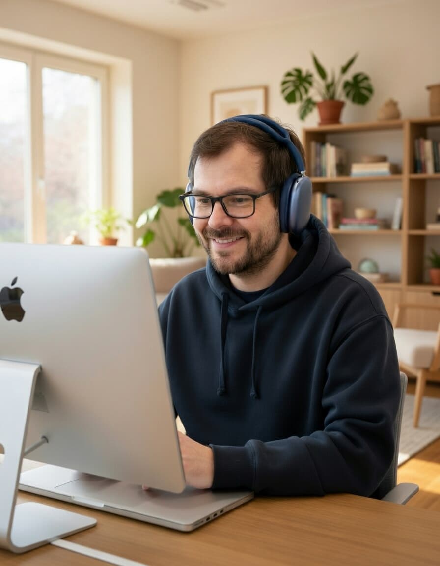 Philipp Dreis mit Brille und blauen Kopfhörern arbeitet am iMac und Laptop im Home-Office