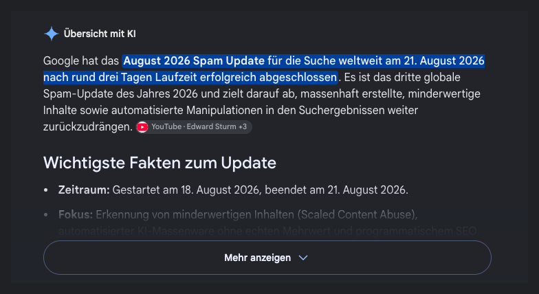 Screenshot einer Google-Übersicht mit KI zur Suchanfrage google spam update, mit YouTube als angegebener Quelle